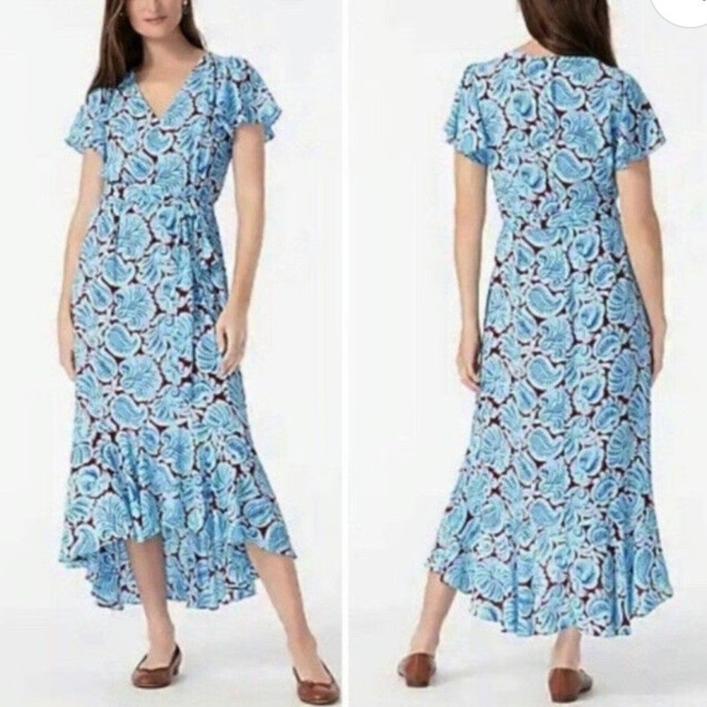 J.Crew Blue Paisley‎ Leaf High Low hem Maxi Dress Flutter sleeve Womens 12
